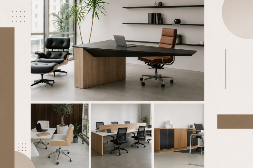 Modern office furniture with workstations, executive desk, office chairs and storage