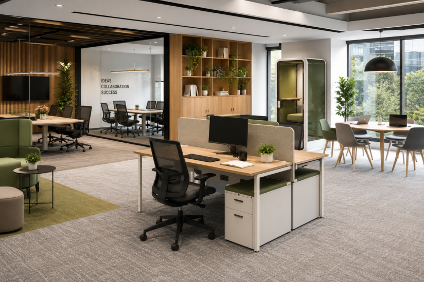 Modern office furniture with flexible workstations and collaboration areas
